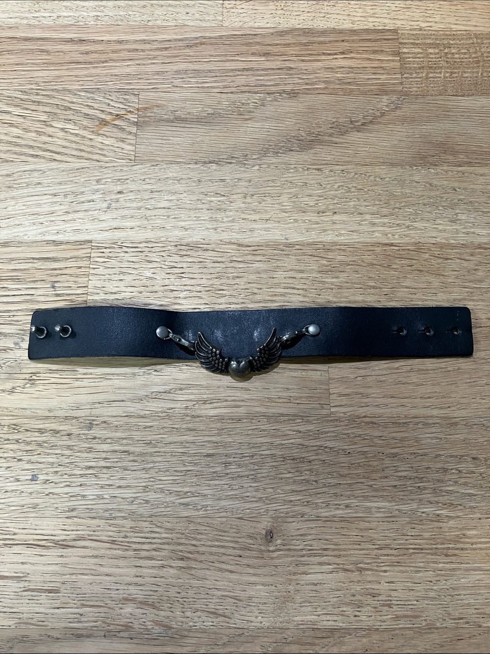 Y2k Black Leather Goth Wing Accent Bracelet